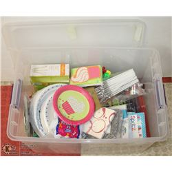 TOTE OF PARTY SUPPLIES, INCLUDES PLATES, UTENSILS