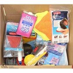 BOX OF ASSORTED HOUSEHOLD CLEANERS & ACCESSORIES