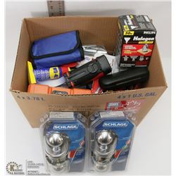 BOX OF ASSORTED HARDWARE INCLUDING SHCLAGE DOOR