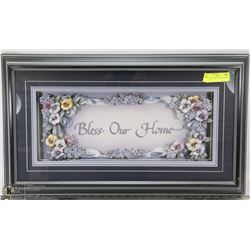 WOOD FRAMED "BLESS OUR HOME" PAPER