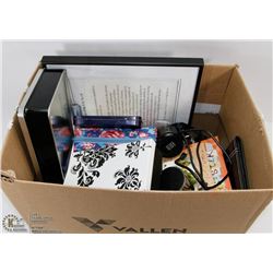 BOX OF ASSORTED FRAMES, TINS AND MORE