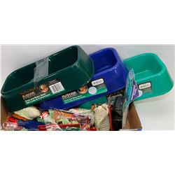 FLAT OF PET FOOD AND WATERBOWLS, PET TOYS AND MORE