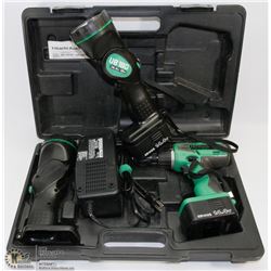 HITACHI DRILL SET, LIGHTS CHARGER & 2 BATTERIES.
