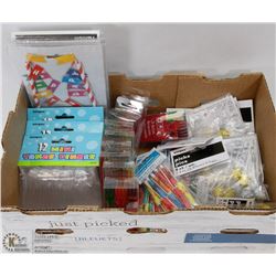 BOX OF PARTY SUPPLIED INCLUDING TONGS, PICKS, MINI