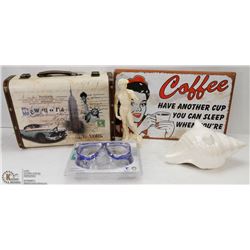 BOX WITH A. SANTINI FIGURINE, NOVELTY TIN SIGN,