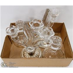 BOX OF GLASS CANDLES AND CANDELABRA