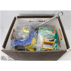 LARGE BOX OF ASSORTED TOOLS INCL WRENCHES, SCREW