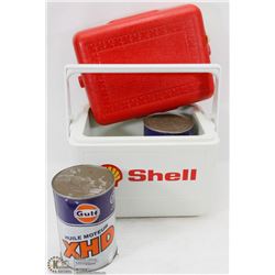 VINTAGE SHELL COOLER WITH TWO FULL GULF QUART OIL