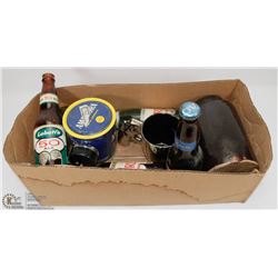 LOT OF COLLECTIBLE BOTTLES, TOBACCO TIN, REVOLVER