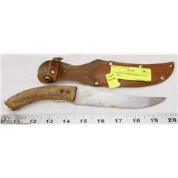 OLD BONE HANDLED KNIFE WITH SHEATH.
