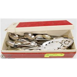 BOX OF MARKED SILVER DINNERWARE.