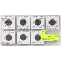 SHEET OF SEVEN CANADIAN COLORIZED COINS.