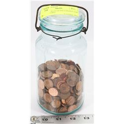 VINTAGE BLUE GLASS CANNING JAR WITH PENNIES