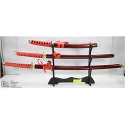 SET OF 3 SAMURAI SWORDS ON STAND
