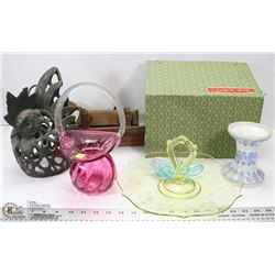 ESTATE LOT WITH ART GLASS SERVING PLATTER, BASKET,