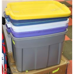 STACK OF RUBBERMAID TOTES