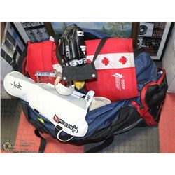 BAG OF ASSORTED HOCKEY GEAR INCL PADS, GLOVES