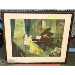 ANTIQUE PRINT OF MOTHER, CHILD AT PIANO