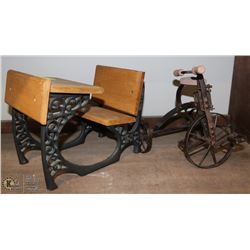 MINIATURE TRICYCLE & SCHOOL DESK. 10"&9" TALL