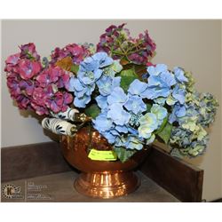 BRASS AND COPPER PLANTER WITH ARTIFICIAL FLOWERS