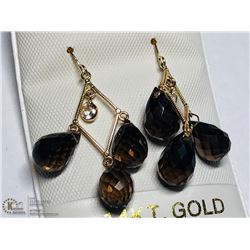 7) 14KT GOLD SMOKEY QUARTZ & SAPPHIRE EARRINGS