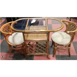 GLASS TOPPED WICKER TABLE 30"  HIGH WITH 2 CHAIRS
