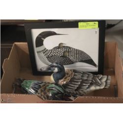 2 WOODEN DUCKS AND FRAMED DUCK PICTURE
