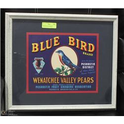 FRAMED BLUE BIRD BRAND ADVERTISEMENT POSTER