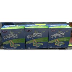 3 PACKAGES OF 40 ANYTIME TAMPONS.