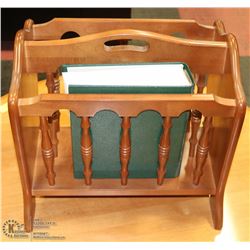MAPLE MAGAZINE STAND WITH LEATHER BOUND BOOK