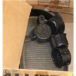 SET OF 3 CAST IRON PANS WITH SET OF 4 ENAMEL MUGS
