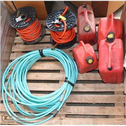 PALLET WITH 3 AIR HOSES AND 4 JERRY CANS