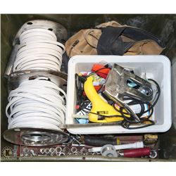 BOX OF ASSORTED TOOLS: ELECTRICAL WIRE, SOCKETS,