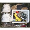 Image 1 : BOX OF ASSORTED TOOLS: ELECTRICAL WIRE, SOCKETS,
