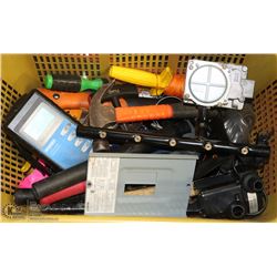 TOTE OF ASSORTED TOOLS: HAMMERS, BATTERY ANALYZER