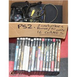 PLAYSTATION 2 WITH CONTROLLERS, CORDS AND 16