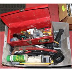 BOX OF ASSORTED TOOLS: SOCKETS, PIPE WRENCH