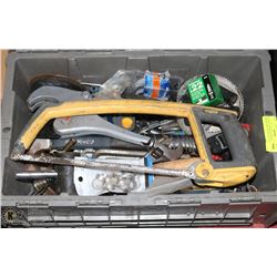 TOTE OF ASSORTED TOOLS: WRENCHES, SOCKETS, CUTTERS