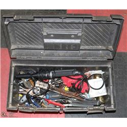 BOX OF ASSORTED TOOLS: SOLDERING EQUIPMENT,