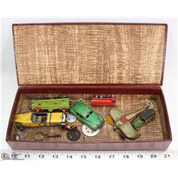 ANTIQUE PENNY TIN TOYS IN CIGAR BOX