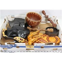 LARGE FLAT W/WOOD CARVINGS, FACE STATUE