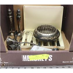 LOT OF SILVER VINTAGE ICE TONGS, S&P SHAKERS, WINE