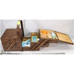 VINTAGE WOOD ACCORDIAN SEWING BOX WITH