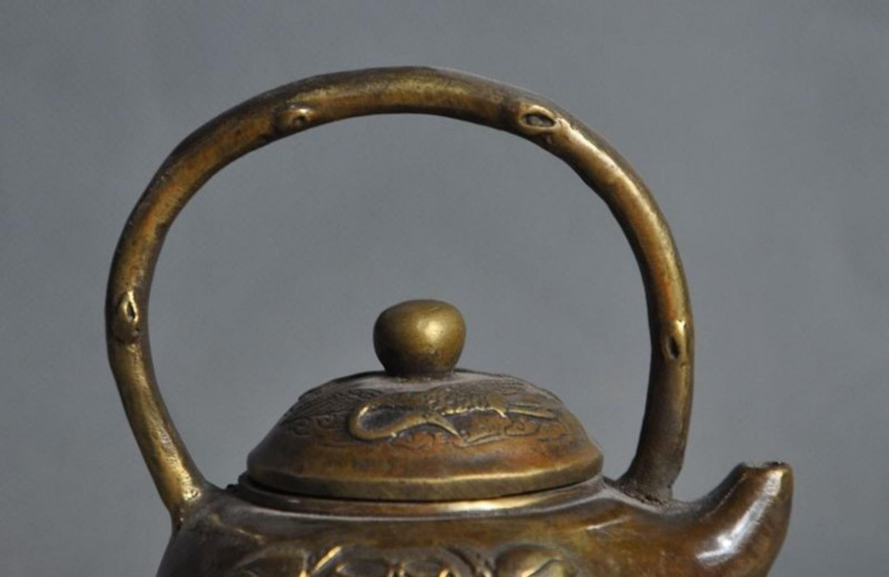 Old Chinese Bronze Crane Bat Peach Statue Teapot