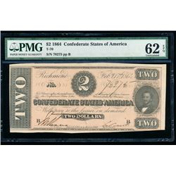 1864 $2 Confederate States of America Note PMG 62EPQ