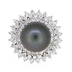 18K White Gold 14mm Tahitian Pearl and Diamond Ring