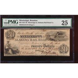 1837 $20 Mississippi and Alabama Obsolete Note PMG 25