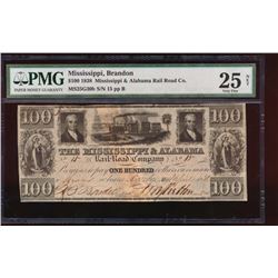 1838 $100 Mississippi and Alabama Rail Road Co Obsolete Note PMG 25NET