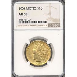 1908 $10 Indian Head Eagle Motto Gold Coin NGC AU58