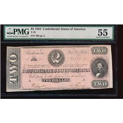 1864 $2 Confederate States of America Note PMG 55